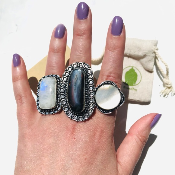 Rainbow Moonstone gem stone crystal rectangular Ring sterling silver 925 Size 7 - Picture 5 of 7